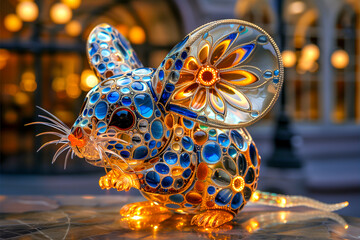 An ornate, jewel-encrusted metal mouse sculpture displayed against an illuminated architectural backdrop
