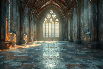 Empty medieval hall with rays of sunlight through stained window glass. Middle aged cathedral interior with columns and vaulted arches - obrazy, fototapety, plakaty