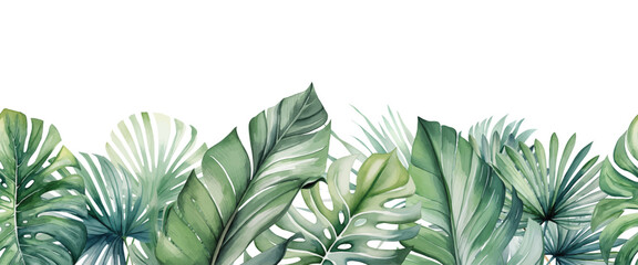 Tropical exotic seamless pattern with tropical green palm, banana leaves. Hand drawing botanical vintage background