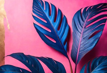 striking blue tropical leaf against a rough pink and gold textured backdrop, creating a vivid contras-- - obrazy, fototapety, plakaty