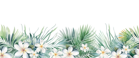 Tropical exotic seamless pattern with tropical green palm, banana leaves and flowers. Watercolor botanical background - obrazy, fototapety, plakaty