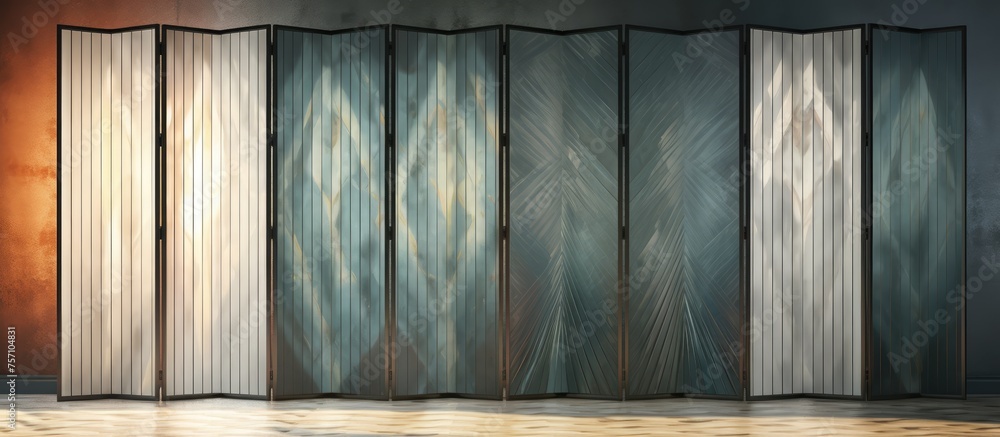 Poster the room features a row of hardwood folding screens on the wall, creating a stylish and modern look.