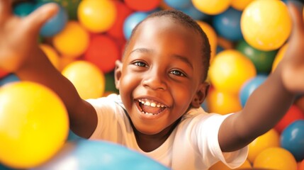 Excited black boy with arms raised in ball pit
