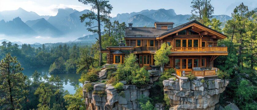 Rustic Retreat. Log Cabin Nestled in the Forest atop a Cliff, Overlooking a Valley with Majestic Mountains in the Distance.