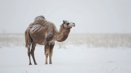 Arabian Camel Standing Majestically in the Snow - obrazy, fototapety, plakaty