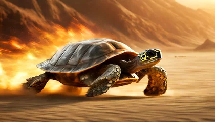 Fensteraufkleber Close-up and side view of a fast turtle running at full speed in the desert with flames. Generative Ai. © Alberto Masnovo