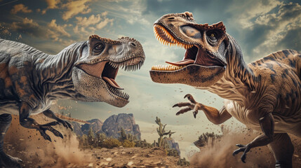 Two dinosaurs engage in a fierce battle in the dirt