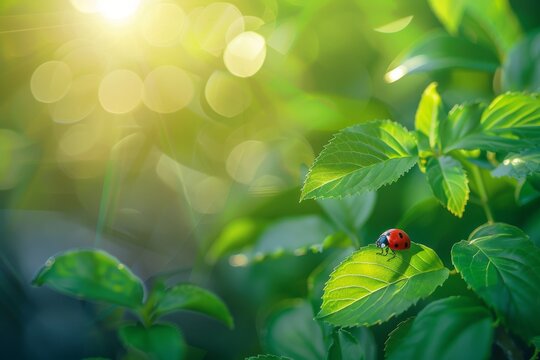 Wide format background image of fresh juicy green leaves and ladybug lit by rays of sun in nature with space for text.
