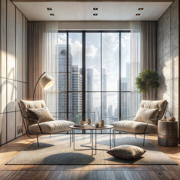 a living room with two chairs and a coffee table, a 3D render , featured on shutterstock, minimalism, vray tracing, minimalist, vray
