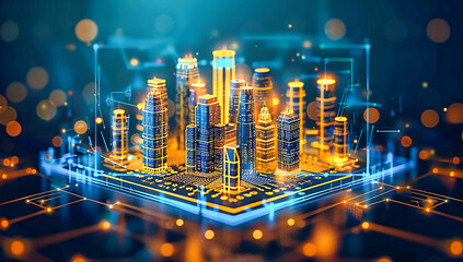 Digital skyscrapers in a futuristic city, abstract technology concept merging with modern urban architecture