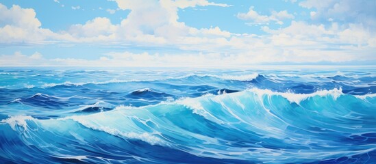A picturesque natural landscape painting depicting a vast body of water with crashing waves under a...