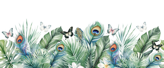 Tropical exotic seamless pattern with tropical green palm, banana leaves and peacock feathers. Watercolor background © EvgeniiasArt