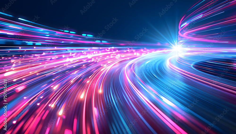 Poster abstract neon light background with vibrant pink, yellow, and blue neon lines, creating an intense a