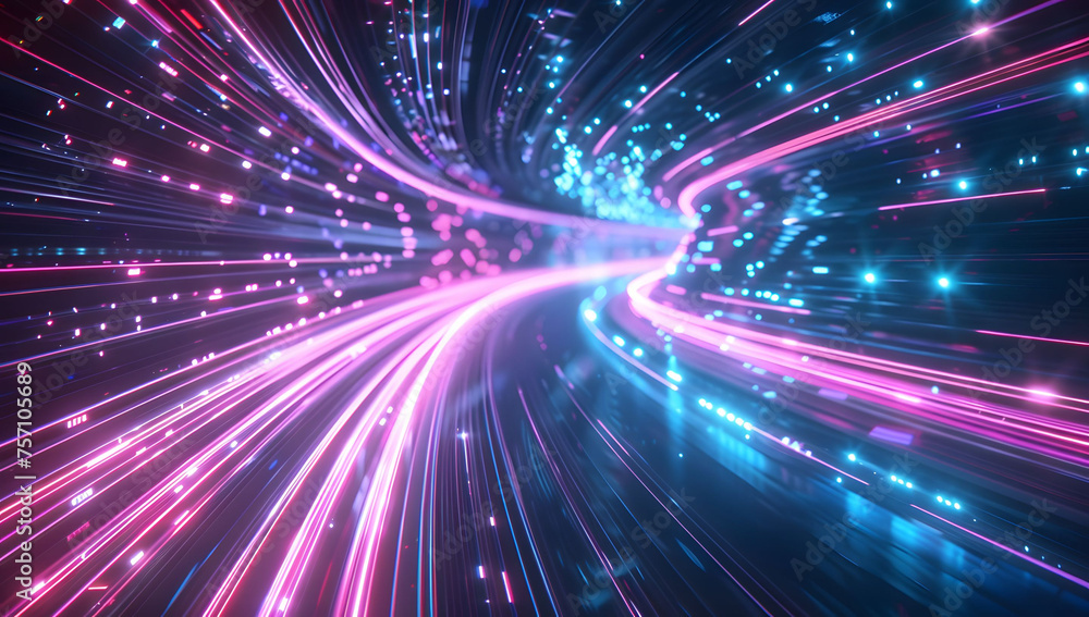 Poster abstract neon light background with vibrant pink, yellow, and blue neon lines, creating an intense a