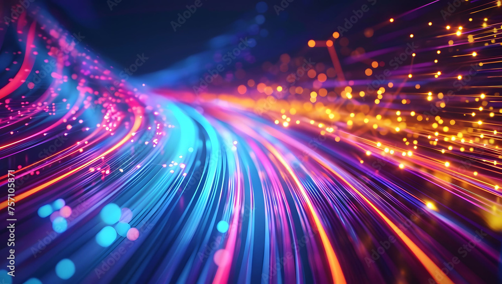 Poster abstract neon light background with vibrant pink, yellow, and blue neon lines, creating an intense a