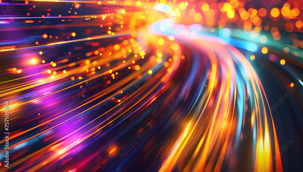 Poster abstract neon light background with vibrant pink, yellow, and blue neon lines, creating an intense a