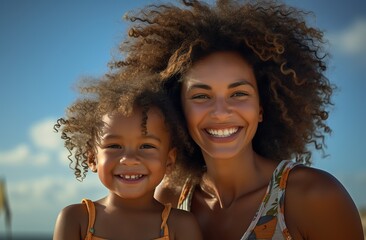 African American woman mom with her cute daughter with afro curls on the seashore at dawn on their weekend. - obrazy, fototapety, plakaty