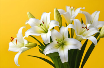 Beautiful white lilies on the pastel yellow background. Horizontal background for banner, greeting card, invitation. Women's Day, Valentine's Day, wedding.