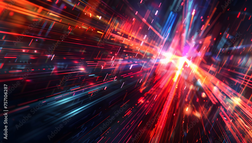 Poster abstract neon light background with vibrant pink, yellow, and blue neon lines, creating an intense a