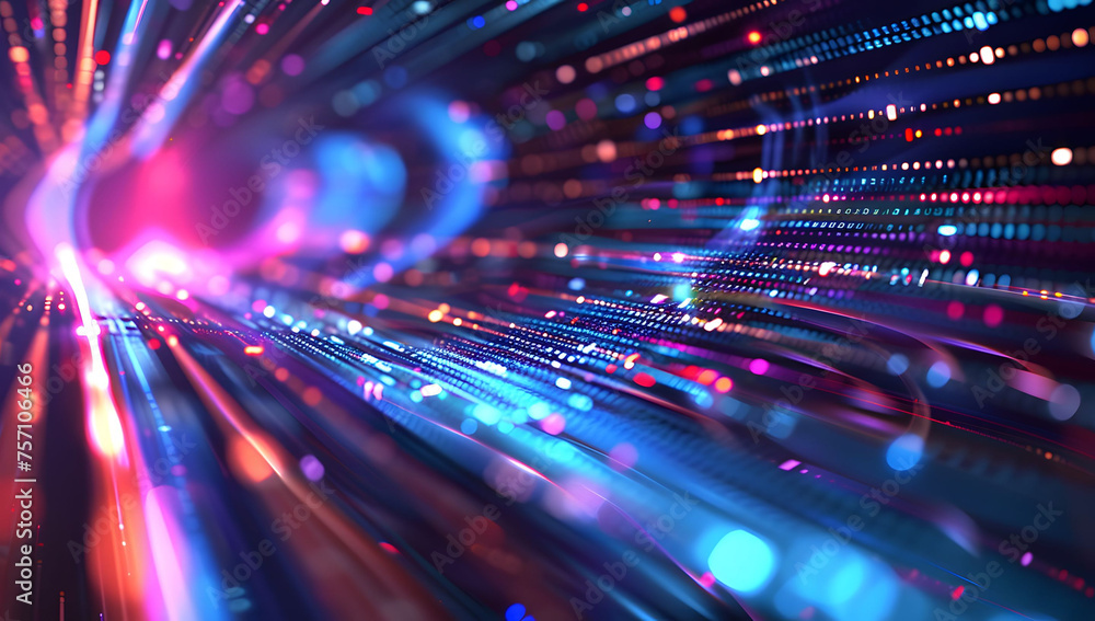 Poster abstract neon light background with vibrant pink, yellow, and blue neon lines, creating an intense a