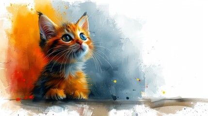 a watercolor painting of a kitten sitting on a ledge looking up at the sky with its eyes wide open.