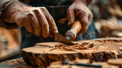 Closeup of craftsman hand carving in wood with chisel tool making artistic sculpture. - obrazy, fototapety, plakaty