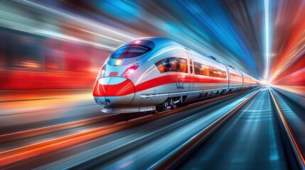 Capturing Speed. Motion Blur of a High-Speed Train at Night, Illuminated Tracks Glistening with Artificial Light