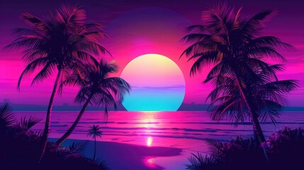 Fototapeta na wymiar Vaporwave Sunset. A Fantasy Digital Illustration in 80s Retro Poster Style, Featuring Palm Trees, Dark Purple and Blue Tones, and Cyberpunk Glow Effects