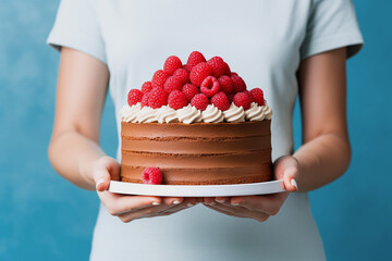 Bakery woman in white dress holding chocolate cake with whipped cream and raspberries against blue...