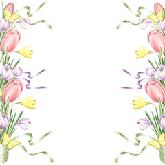 Fototapeta na wymiar Postcard template with tulips, crocuses and daffodils flowers, butterflies. Spring and summer background watercolor floral frame with copy space. Isolated hand drawn illustration for invitation, card.
