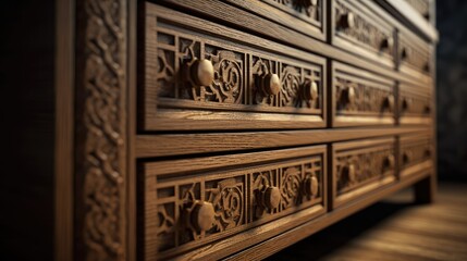 Close up of wooden chest of drawers. - obrazy, fototapety, plakaty