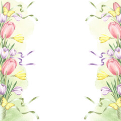 Fototapeta na wymiar Postcard template with tulips, crocuses and daffodils flowers, butterflies and watercolor stains. Background watercolor frame with copy space. Isolated hand drawn illustration for invitation, card.