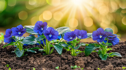 Beautiful blue periwinkles bloom in a flowerbed in the garden in the rays of the setting sun. - obrazy, fototapety, plakaty