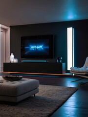 Futuristic living room setup with a smart home entertainment system, sleek tech gadgets, and ambient LED lighting for a modern, high-tech atmosphere