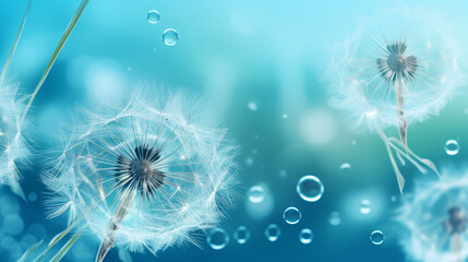 Dandelion seeds in droplets of water on blue and turqu