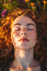 Young woman with red hair and closed eyes lying on a grass in field and relaxing.