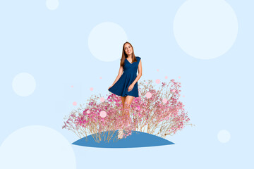 Sketch artwork trend composite image 3d collage photo of attractive smiled young lady in blue dress pose among spring dried flowers
