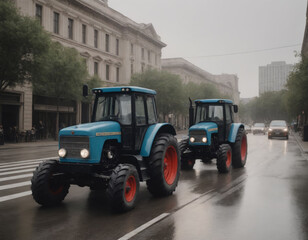 Fototapeta premium Tractors on Rainy City Street