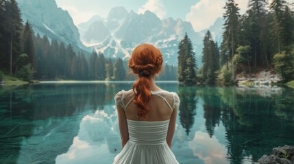 A red-haired woman in a dress gazes out at a tranquil mountain lake, her back to the camera.