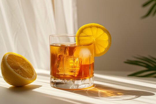 Refreshing Sazerac cocktail with a lemon peel in strong sunlight