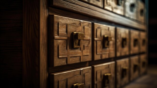 Close up of wooden chest of drawers.
