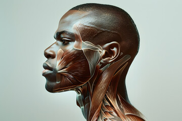 Side view African man closeup face. Human anatomy, skin and muscles - obrazy, fototapety, plakaty