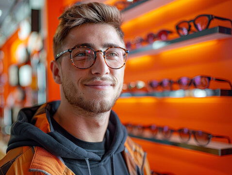 A cheerful, stylish young man with a playful smirk stands in an eyeglass store, surrounded by a vibrant selection of frames.