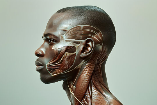 Side view African man closeup face. Human anatomy, skin and muscles