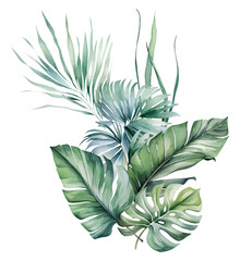 Watercolor tropical bouquet with green palm leaves isolated on white