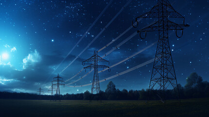 Electricity transmission towers with glowing wires - obrazy, fototapety, plakaty
