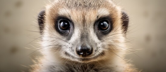 Obraz premium A carnivorous terrestrial animal, the meerkat, with its companion doglike social behavior, gazes into the camera lens with its striking whiskers, snout, and fur
