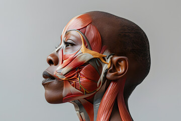 Side view African woman closeup face. Human anatomy, skin and muscles