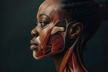Side view African woman closeup face. Human anatomy, skin and muscles