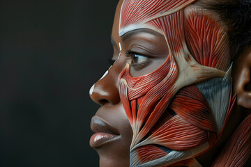 Side view African woman closeup face. Human anatomy, skin and muscles